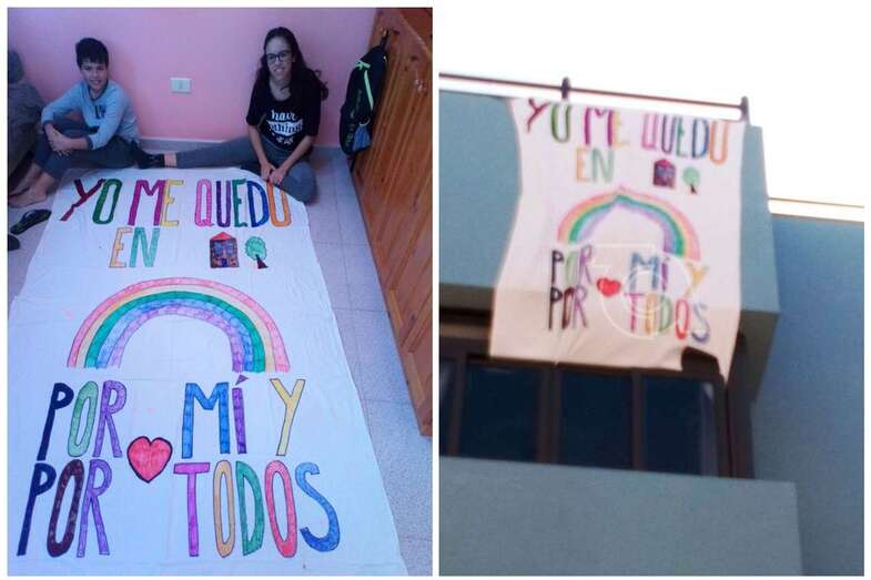 Pancarta desplegada en una vivienda de Clavellinas confeccionada por dos menores (Foto TA)